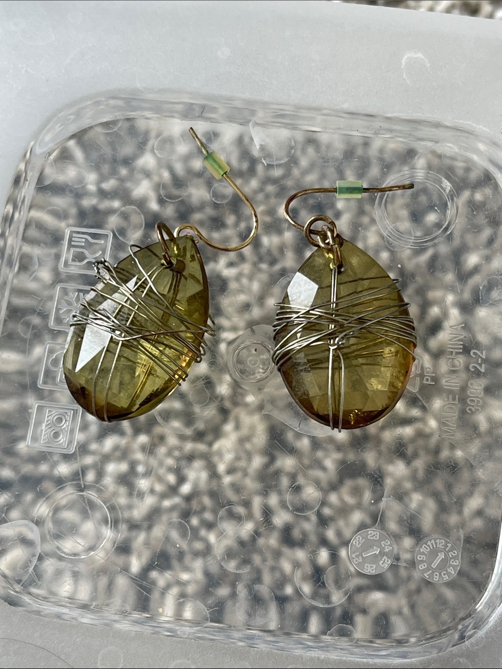 Handcrafted Olive Green Faceted Stone Wire-Wrap Earrings - Unbranded